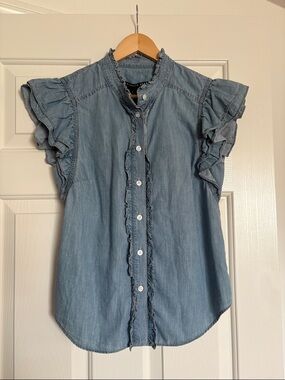 Veronica Beard Denim Button Up Ruffle Sleeve Top ✨NWT NEW Sz S